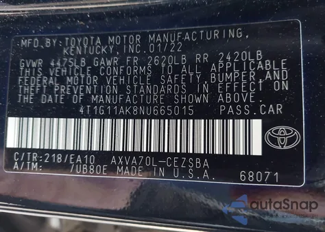 2022 Toyota Camry Se from USA, damaged, VIN 4T1G11AK8NU665015